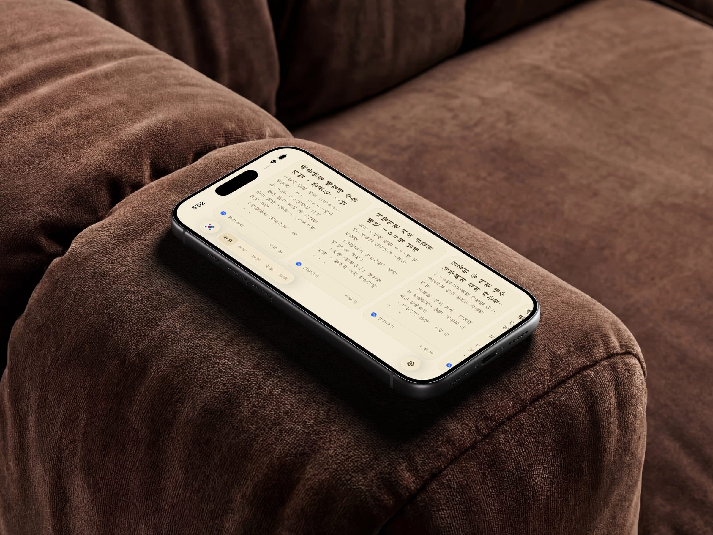 Vertically News on a phone resting on a couch arm · the front page as vertical right-to-left columns